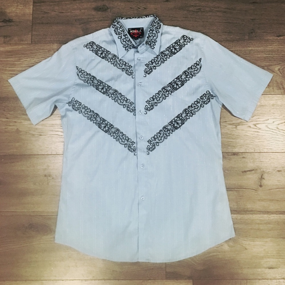 MZ USA button down, light blue w/ filigree, M